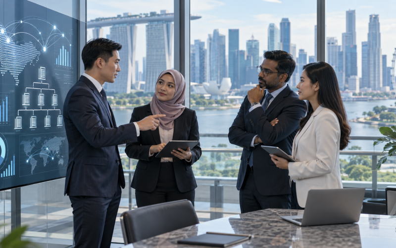 Diverse Singapore business team discussing finance transformation, group reporting and digital finance strategy