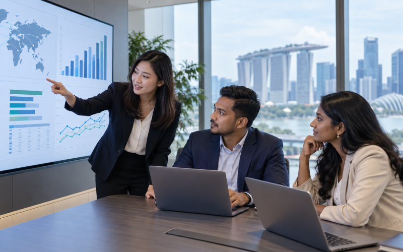 Singapore finance professionals reviewing group reporting dashboards and consolidated financial data in a meeting