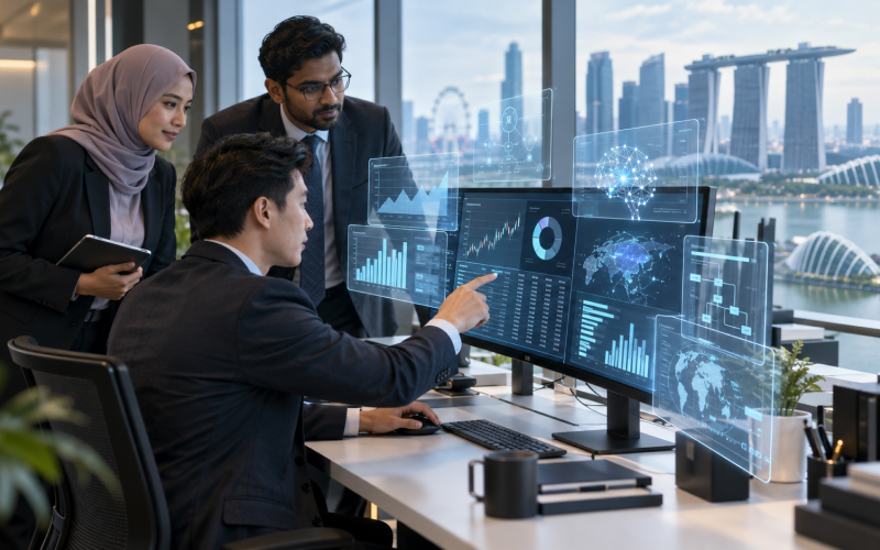 Singapore finance team using AI-assisted dashboards to analyse financial data and investigate reporting insights